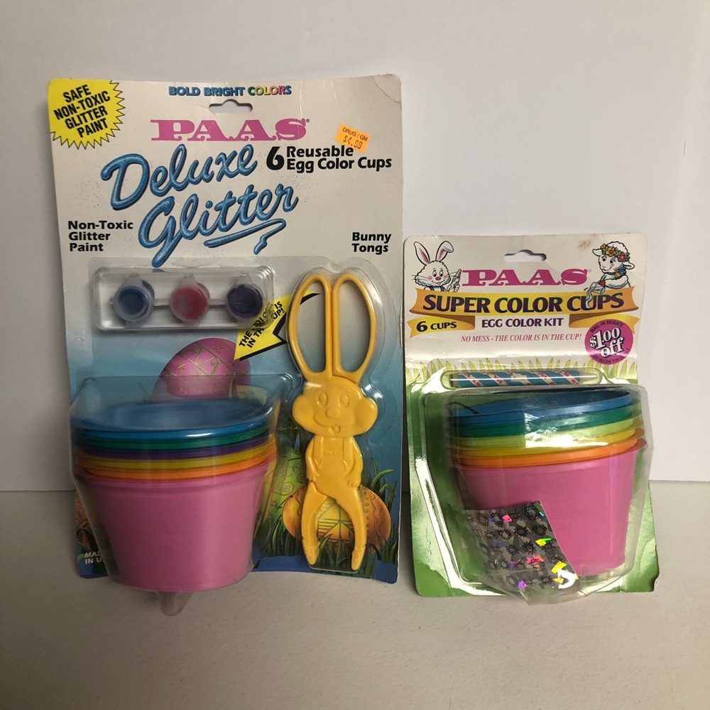 Vintage PAAS Glitter & Original Easter Egg Color Cups Set of 2 Kits with Tongs